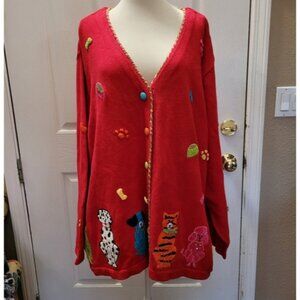 New Quacker Factory Sweater Cardigan Dogs Cats Animals Print Red Size 3X 3XL